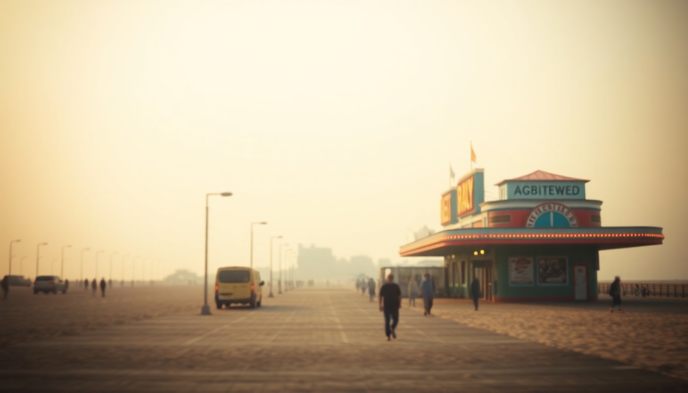 An abstract, out-of-focus photograph of the Asbury Park boardwalk and beach, with soft, warm pools of light and color creating a dreamy, atmospheric scene that captures the town's coastal charm and vibrant energy.