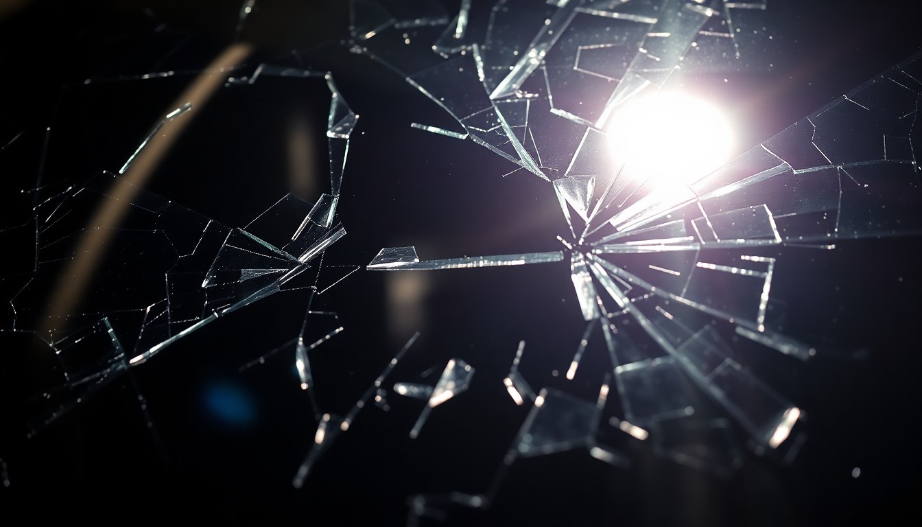 An extreme close-up photograph of a shattered car windshield reflecting the harsh light of a camera flash, conveying the sudden and violent nature of the collision that claimed a life.