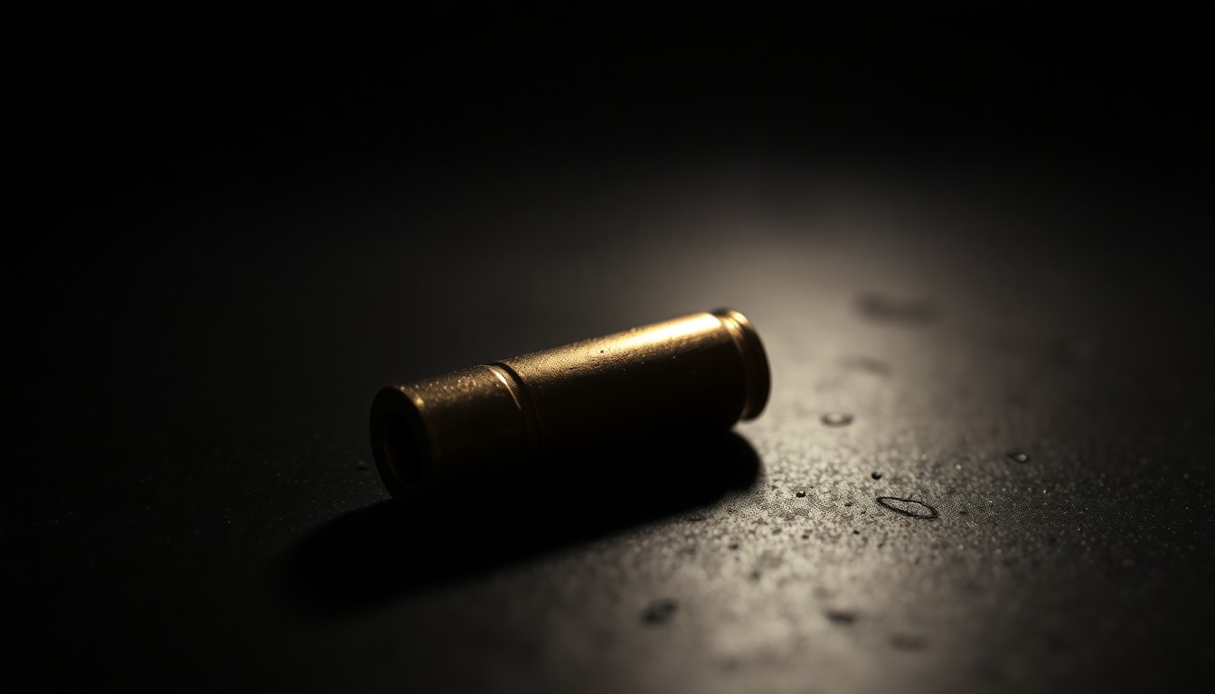 An extreme close-up of a single spent bullet casing on a dark surface, dramatically lit by a harsh camera flash to create a stark, gritty, investigative aesthetic.