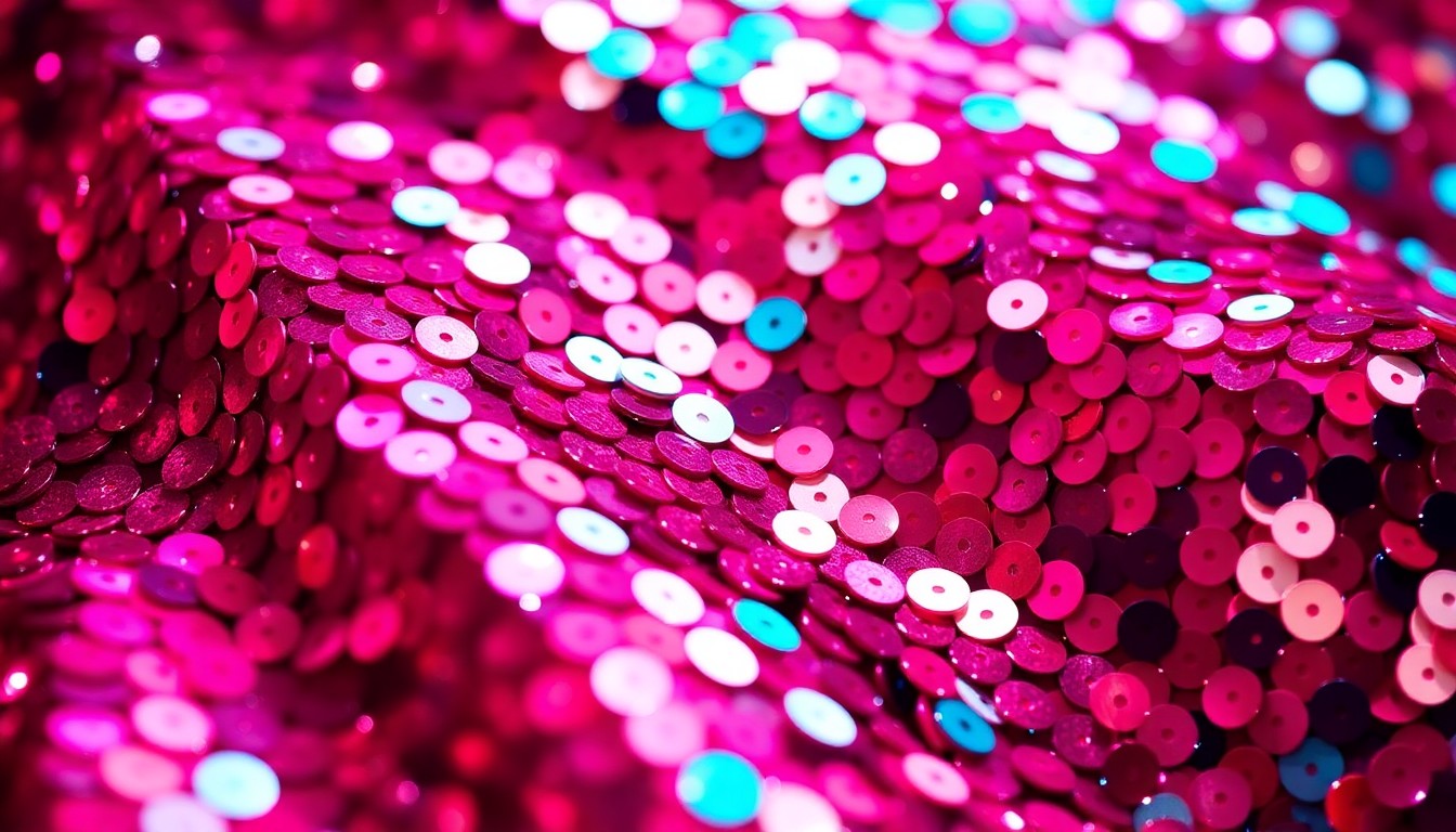 An abstract close-up photograph featuring a shimmering, high-contrast pattern of vibrant pink and blue sequins, conveying the luxurious, high-fashion aesthetic of the Sports Illustrated swimsuit issue.