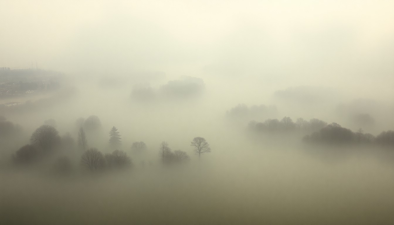 A heavily textured, atmospheric landscape painting in muted blues, grays, and greens, depicting a flooded suburban river valley shrouded in thick fog, with only the faint outlines of submerged buildings and trees visible through the haze, conveying a sense of the overwhelming power of nature.