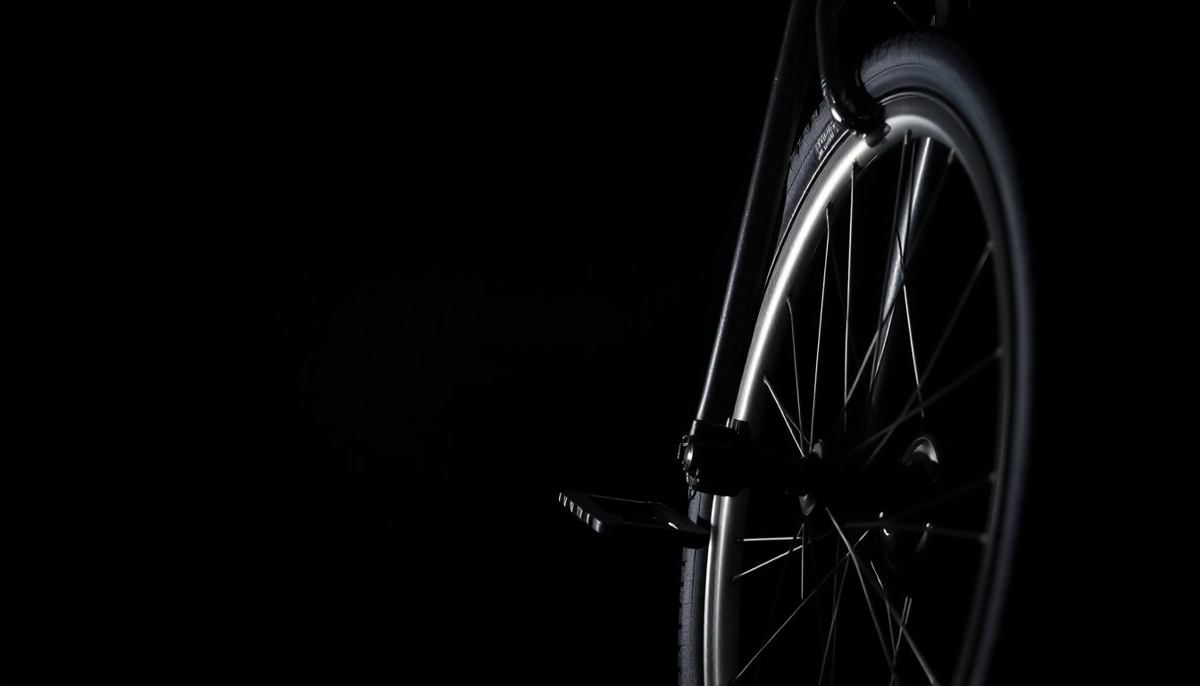 An extreme close-up photograph of a bicycle tire and pedal, lit by a harsh, direct camera flash against a pitch-black background, conceptually illustrating the investigation into a fatal bicycle crash.
