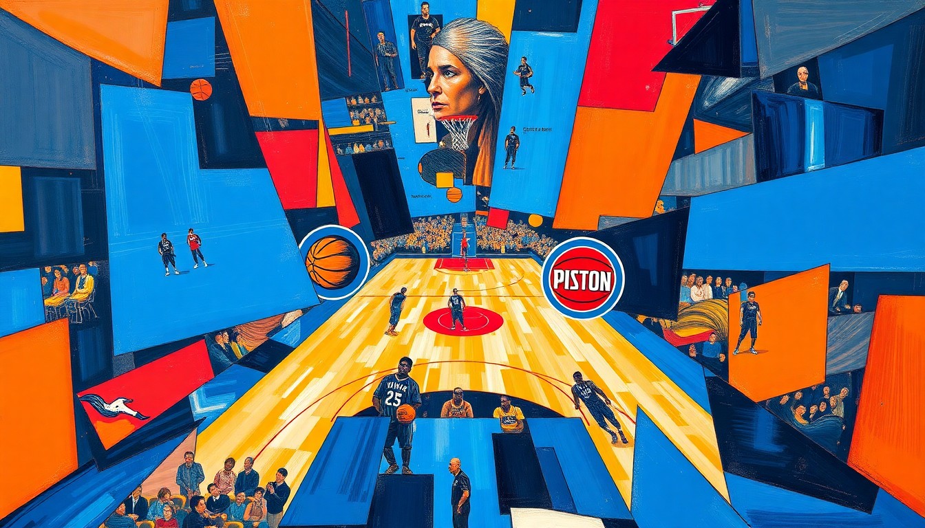 A fragmented, cubist-style painting depicting a basketball game, with overlapping geometric shapes and planes in shades of blue, orange, and red, capturing the dynamic action and energy of the matchup between the Orlando Magic and Detroit Pistons.