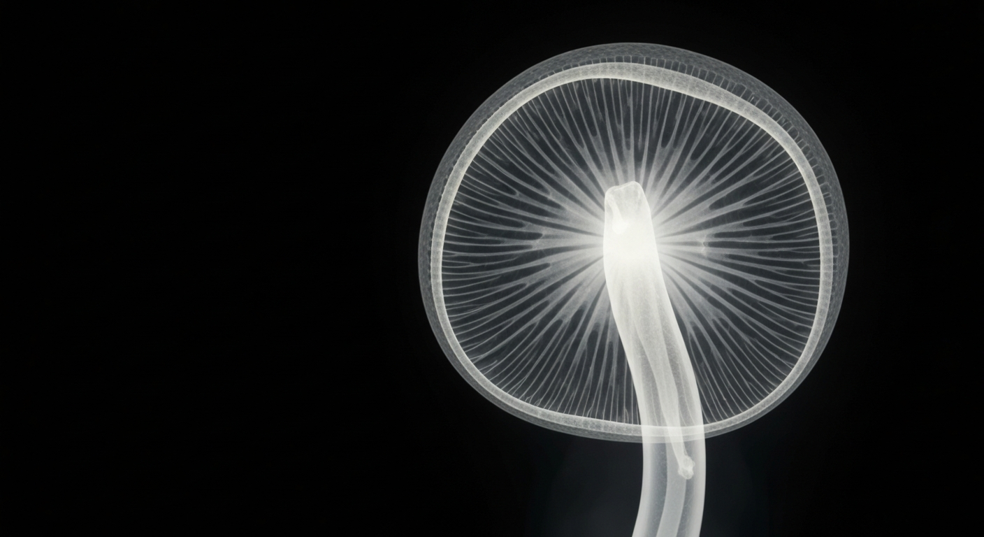 A ghostly, glowing X-ray image of the internal structure of a psilocybin mushroom, conceptually representing the therapeutic potential of this psychedelic compound.