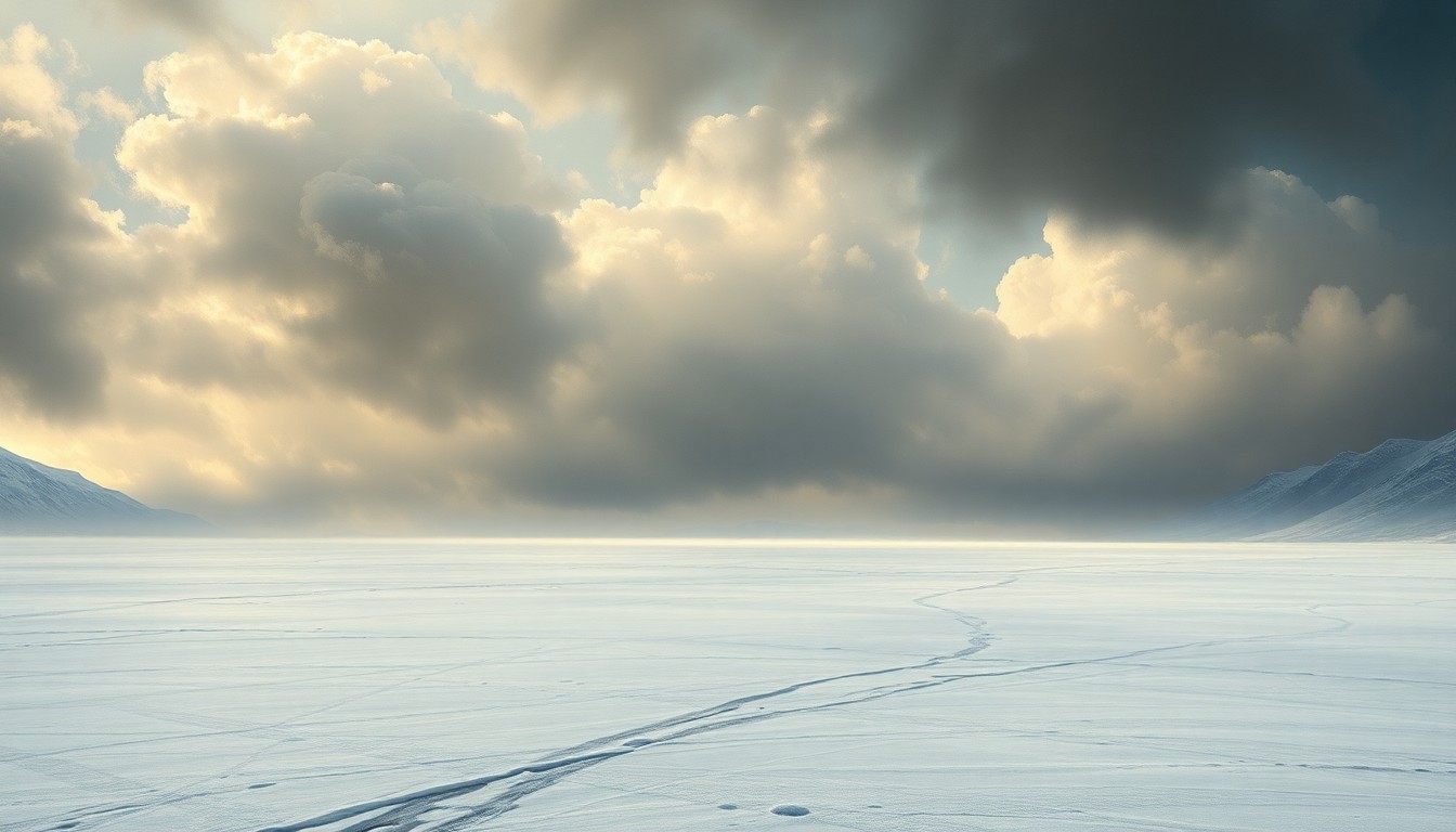 A vast, frozen landscape painting in muted tones of blue, grey, and white, with a dramatic, cloudy sky overhead. The scene conveys a sense of the overwhelming power and scale of the natural environment, with any human-made structures or elements barely visible and dwarfed by the elemental forces.