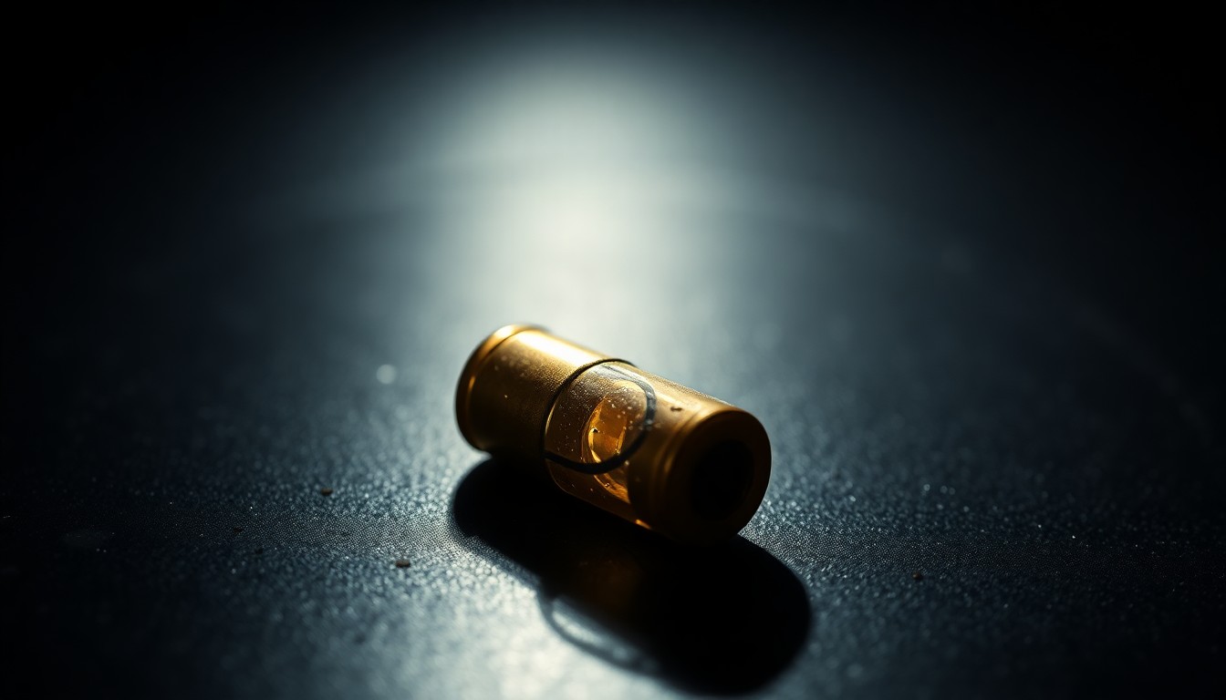 An extreme close-up photograph of a single spent shell casing on a dark surface, lit by a harsh, direct camera flash, conceptually illustrating the aftermath of a shooting in a residential area.
