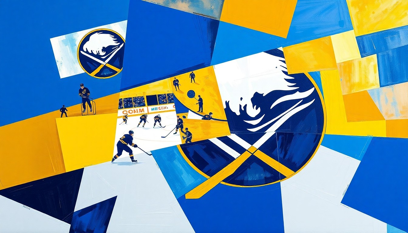 A fractured, cubist-style painting depicting a Sabres hockey game, with the players and action broken down into sharp, overlapping geometric shapes in the team's colors of blue, gold, and white.