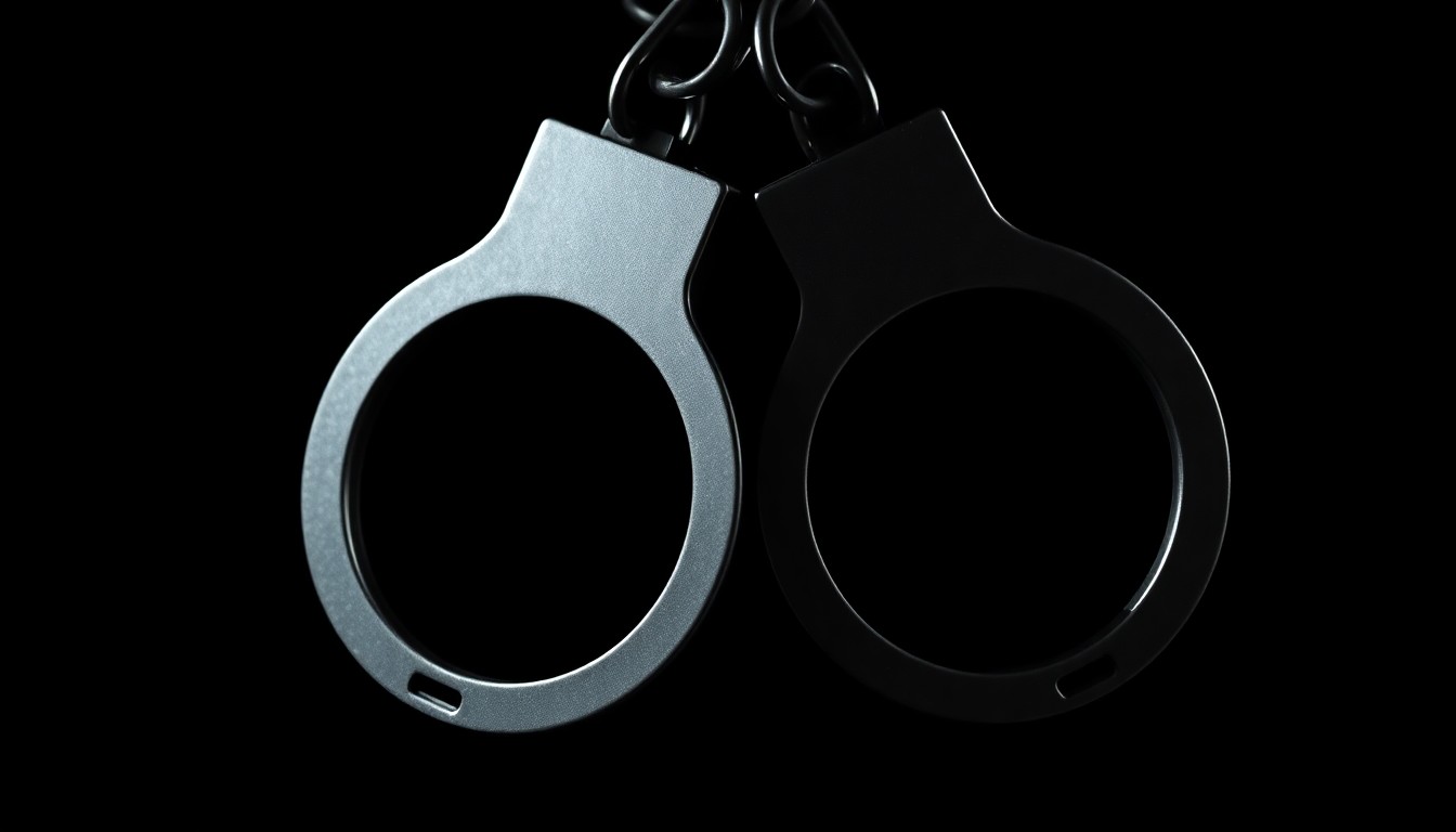 An extreme close-up photograph of a pair of metal handcuffs against a completely black background, creating a stark, gritty, and investigative visual aesthetic.