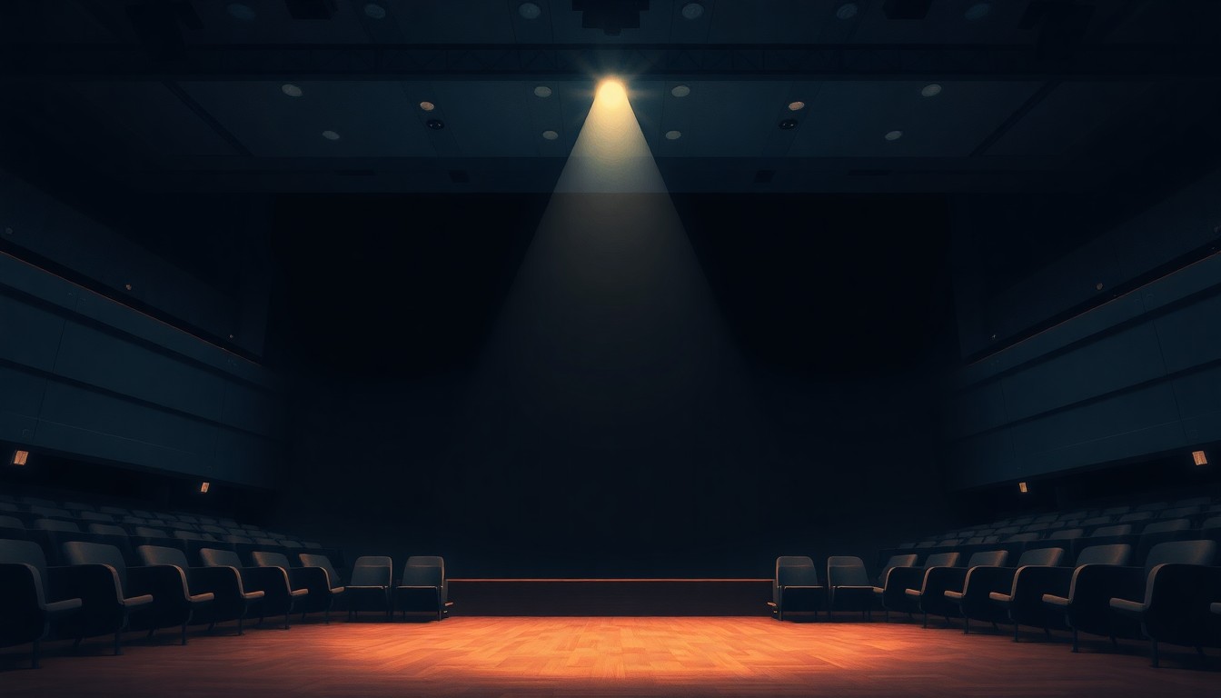 A dimly lit, cinematic painting of an empty auditorium stage with a single spotlight shining down, evoking a sense of anticipation and the power of ideas.