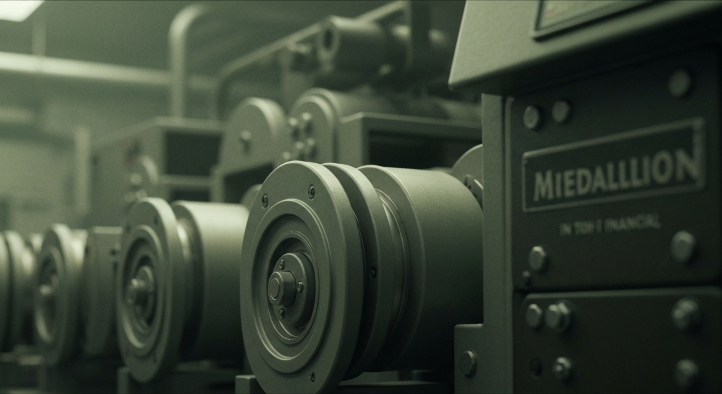 An extreme close-up of gears, levers, and other heavy industrial banking equipment, conveying the tangible, mechanical nature of Medallion Financial's lending operations without using literal financial symbols or charts.