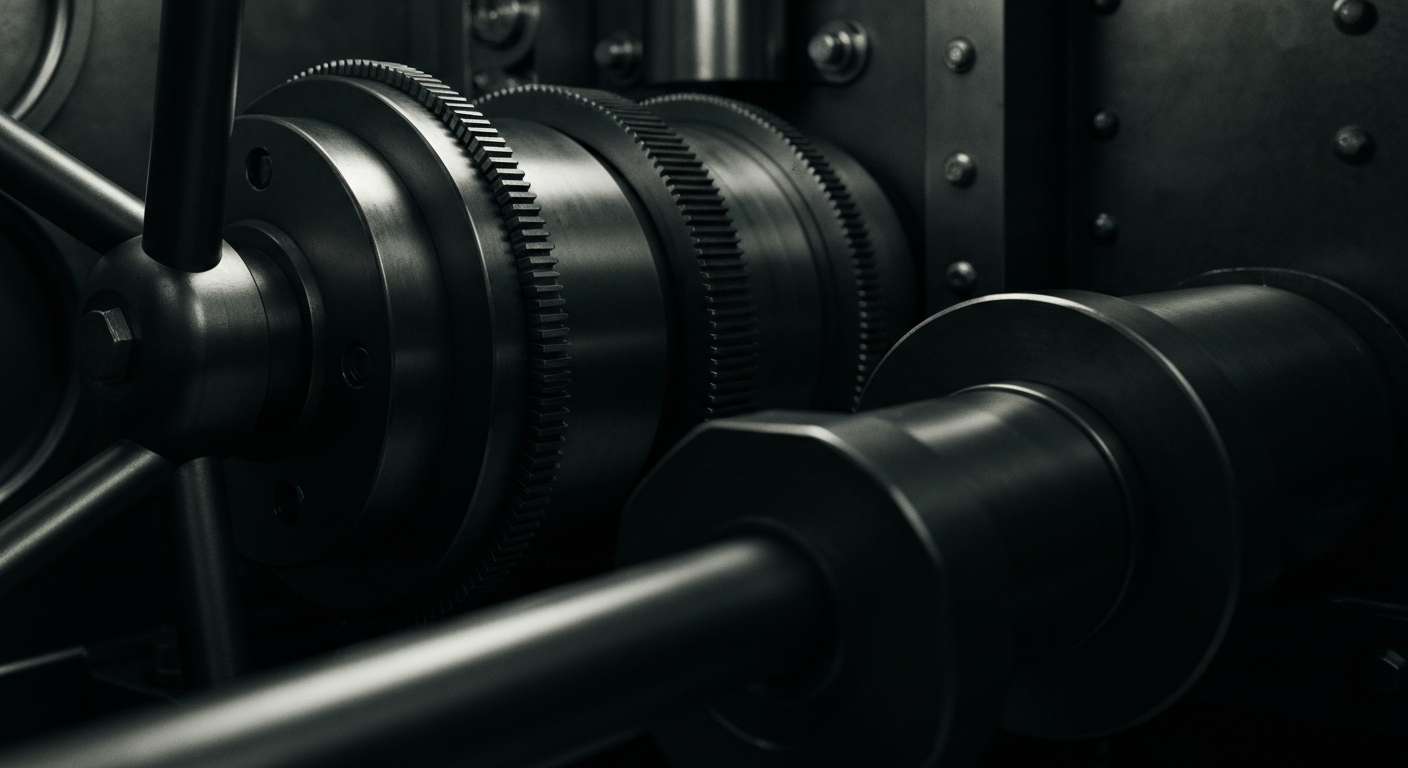 An extreme close-up of the gears, levers, and polished metal components of an industrial bank vault, conveying a sense of financial security and stability through a highly physical, cinematic visual representation.