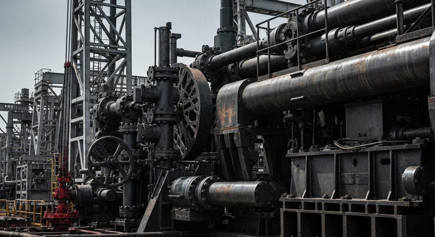 An extreme close-up of rugged, industrial oilfield equipment and machinery, conveying the physical, mechanical nature of the energy industry without using any text or branding.