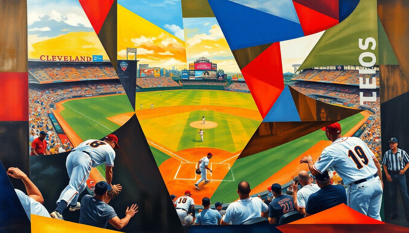 An abstract, cubist-style painting featuring overlapping geometric shapes and planes in the colors of the Cleveland Guardians, conceptually representing the team's fanbase's strong reaction to rumors of trading away a popular player.