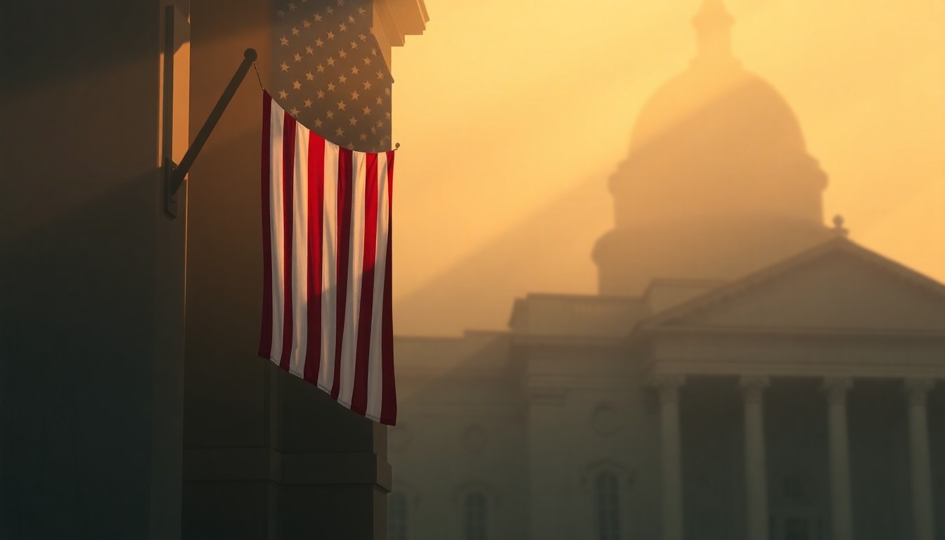 A serene, nostalgic painting of an American flag hanging from a government building, the warm light and deep shadows creating a contemplative, almost melancholic mood.