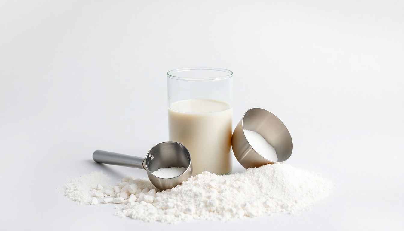 A photorealistic studio still life featuring a glass beaker, a stainless steel scoop, and a pile of white protein powder, conceptually representing the growing importance of whey protein in the dairy industry.