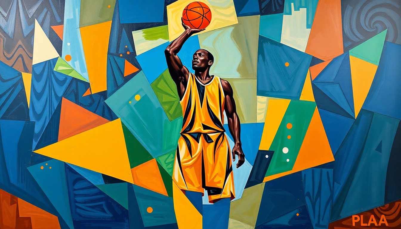 A fractured, geometric painting depicting a dominant 7-foot figure in the center, surrounded by fragmented shapes and planes in a vibrant color palette, conceptually representing the addition of Moustapha Thiam to the Michigan basketball team.