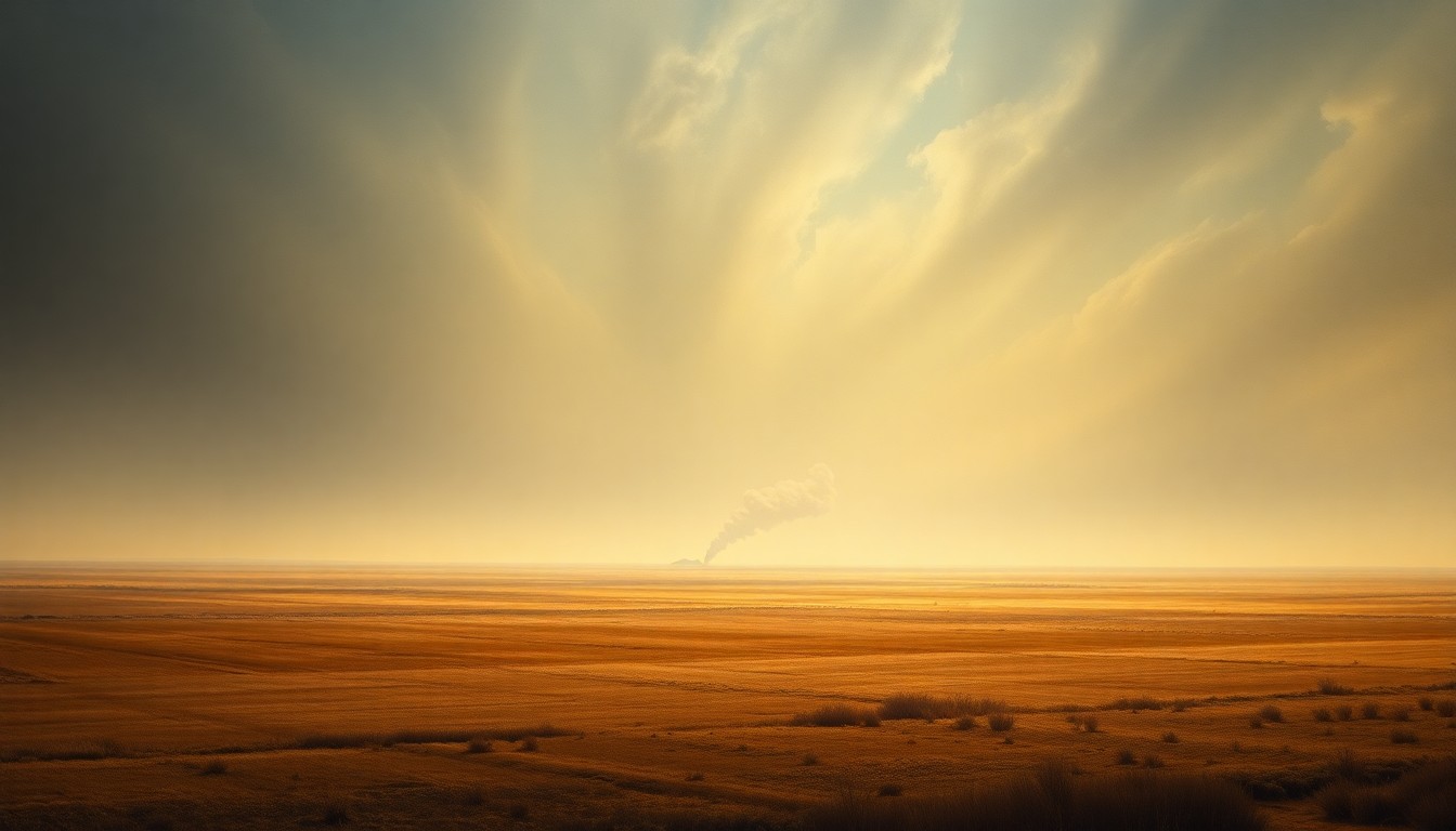 A vast, atmospheric landscape painting in muted tones of ochre, sage, and indigo, depicting a sweeping prairie under a dramatic, cloud-filled sky. A small plume of smoke rises in the distance, dwarfed by the overwhelming scale of the natural scene.