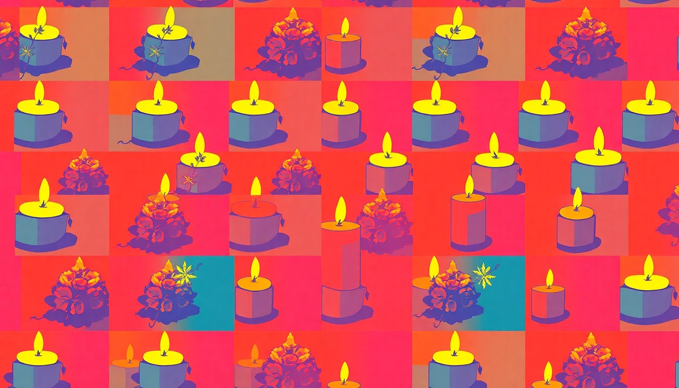 A grid of brightly colored, high-contrast silkscreen images of a single iconic Holocaust memorial object, such as a candle or flower, repeated in a modern pop art style without any text or labels.
