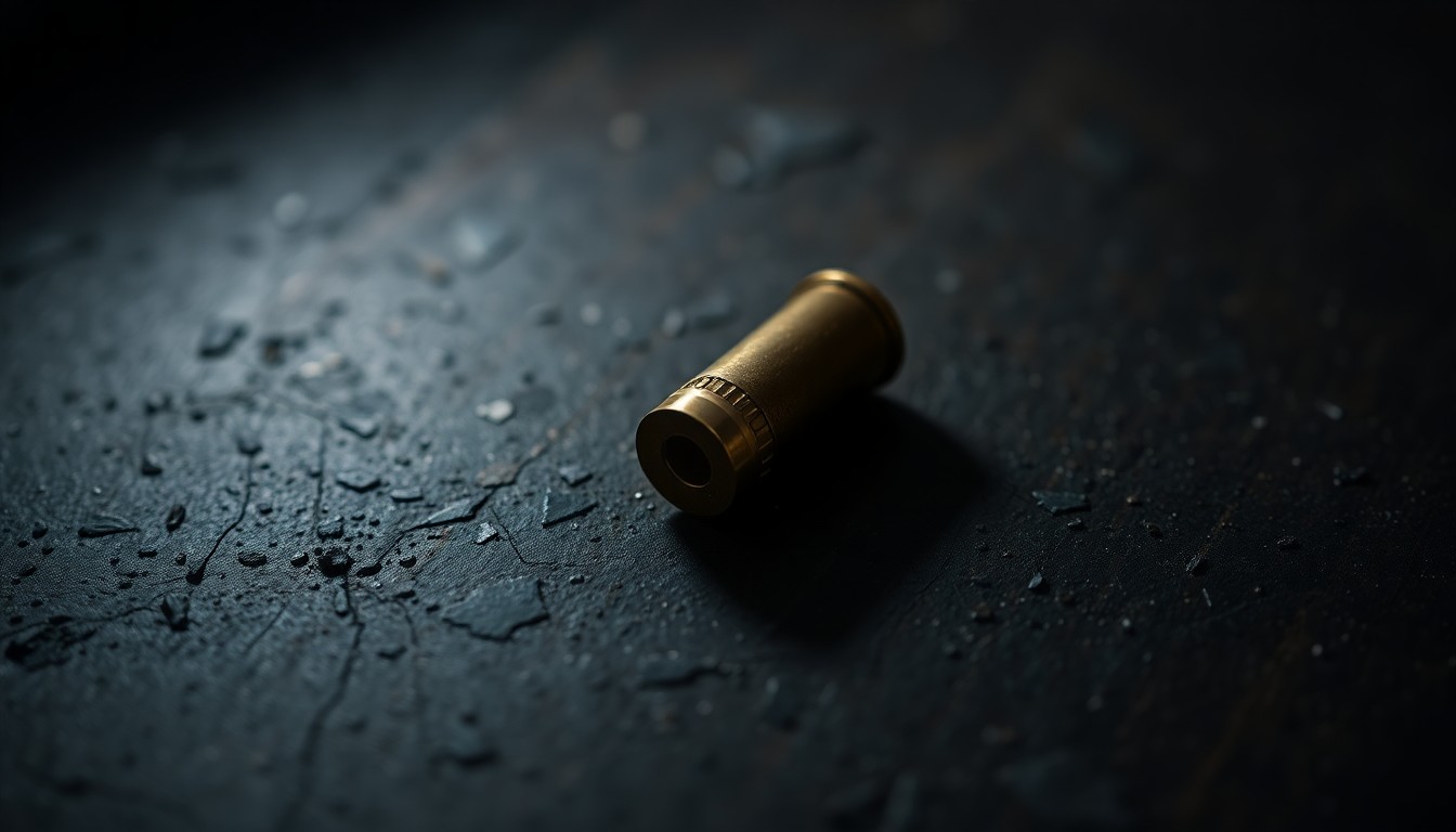 An extreme close-up photograph of a single spent shell casing on a dark, textured surface, lit by a harsh camera flash, conceptually illustrating the aftermath of a shooting incident.