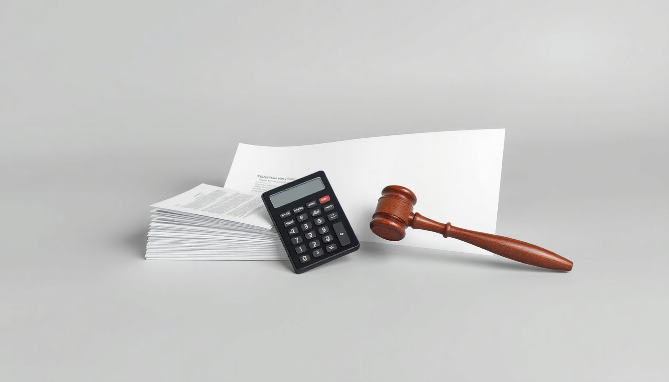 A photorealistic studio still life featuring a stack of financial documents, a calculator, and a gavel floating on a clean, grey background, symbolizing the abstract concepts of corporate finance, legal proceedings, and investor rights.