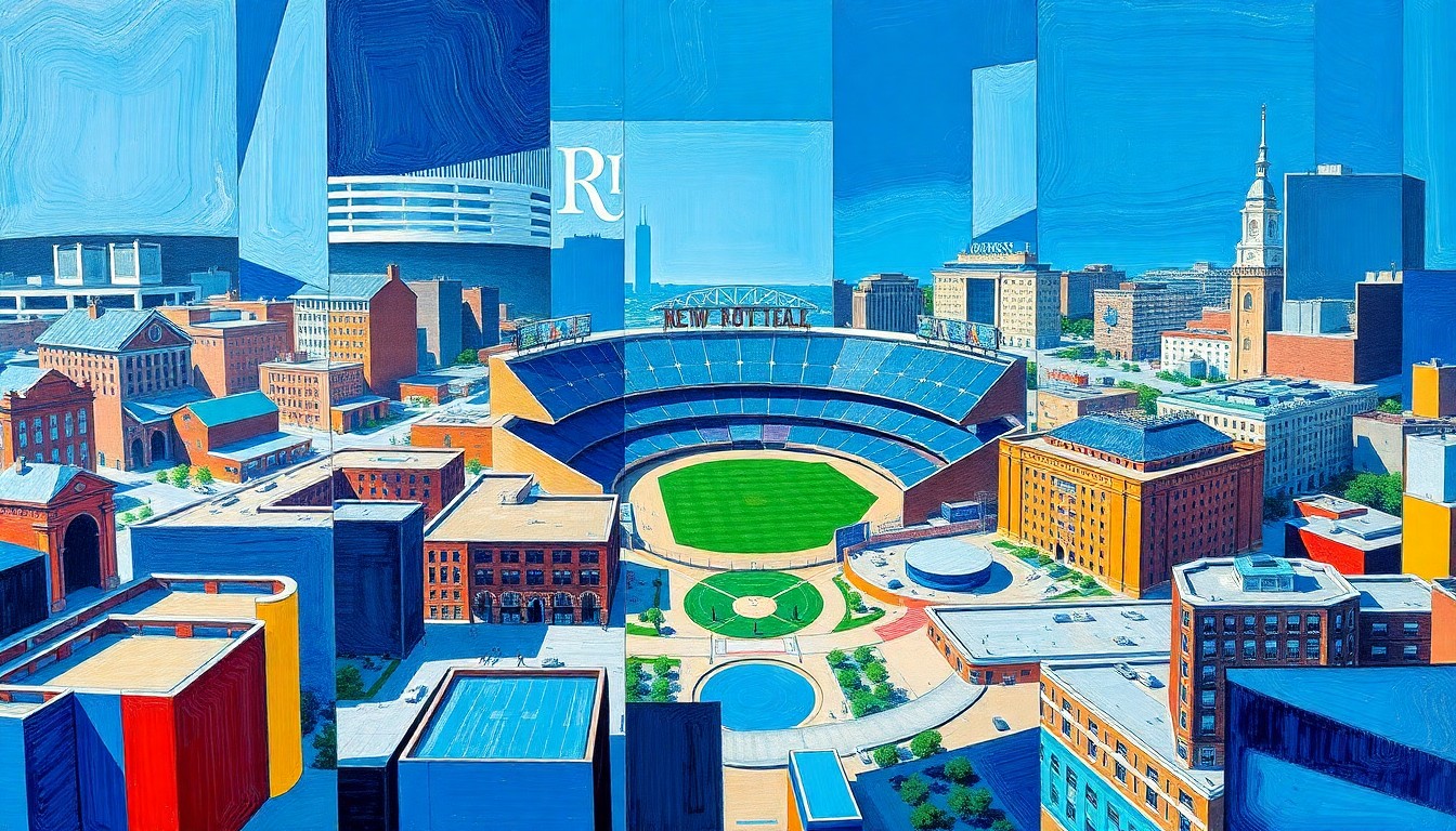 A cubist-style painting depicting the layout of a new baseball stadium with an adjacent entertainment district, using sharp geometric shapes and the Royals' team colors to conceptually represent the project's ambitious scope.