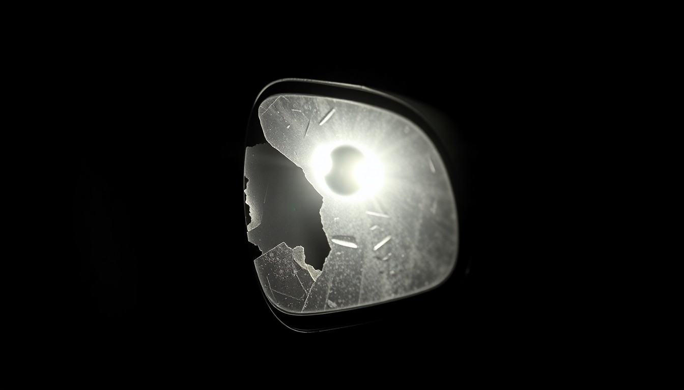 An extreme close-up photograph of a damaged car side mirror, capturing the harsh textures and dramatic lighting to conceptually illustrate the aftermath of a hit-and-run crash.
