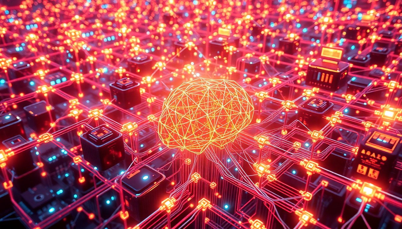A highly detailed, 3D macro illustration of a complex network of glowing, neon-lit AI hardware and infrastructure, representing the concept of the 'general intellect' as a collective body of social knowledge and productive capability encoded into machine form.