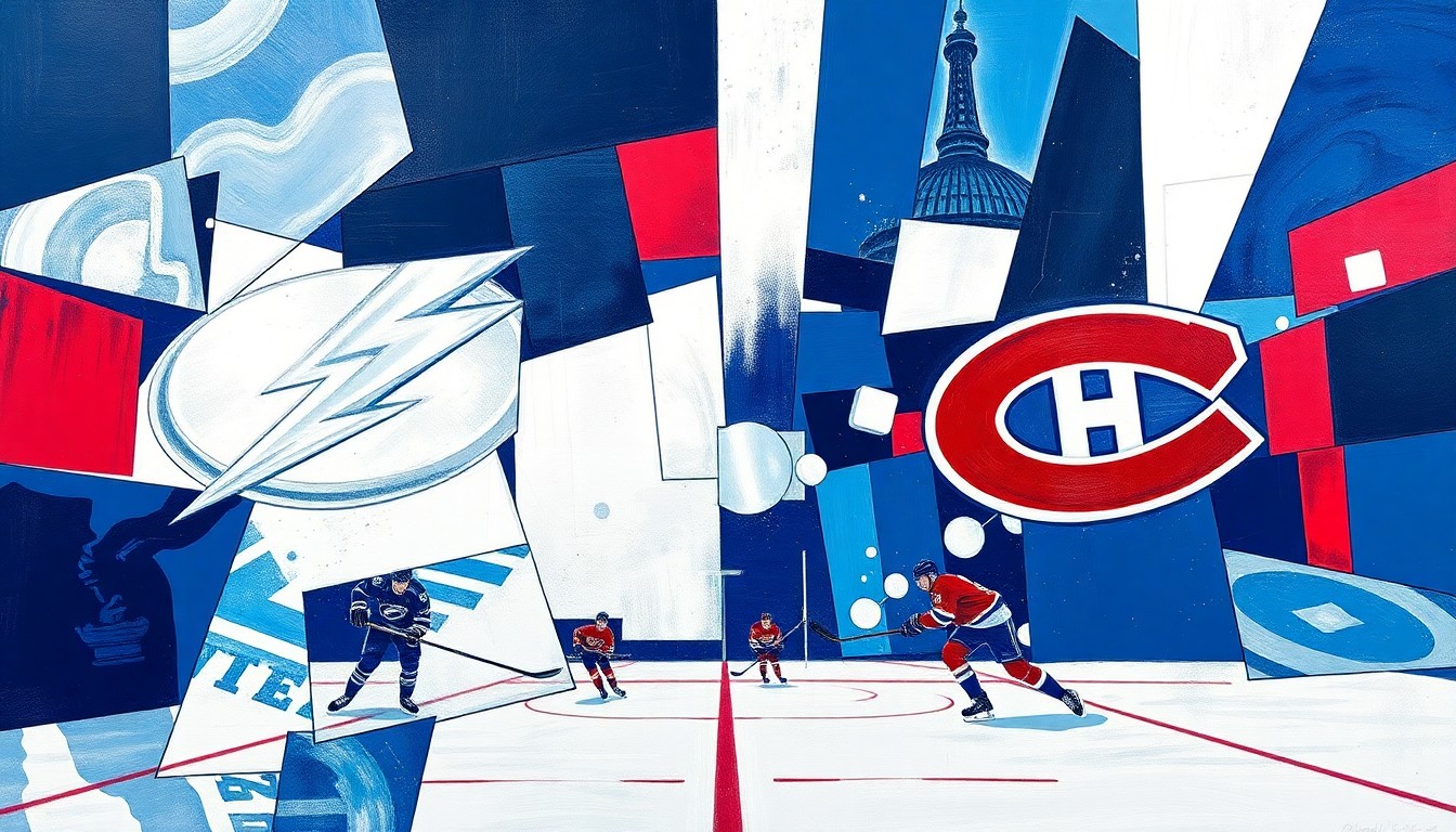 A cubist, geometric painting depicting a hockey game, with sharp, overlapping planes of navy blue, white, silver, red, and blue, representing the Tampa Bay Lightning and Montreal Canadiens.