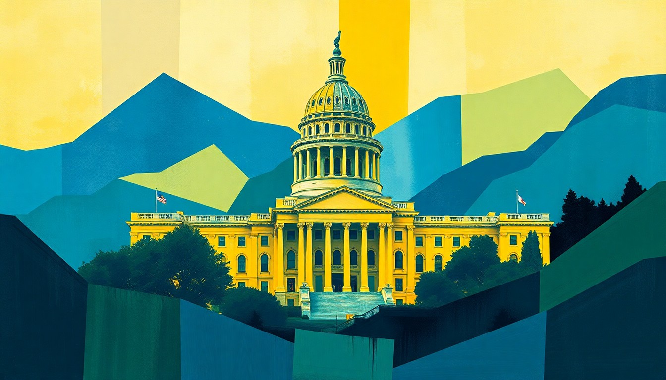 A highly textured, abstract painting featuring overlapping geometric shapes and brushstrokes in shades of blue, green, and yellow, conceptually representing the chaotic and high-stakes nature of the California governor's race.