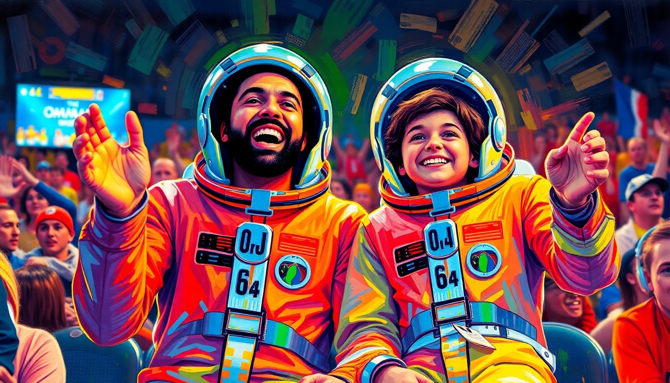 An abstract, energetic painting with bold brushstrokes in neon colors, depicting a father and son in astronaut suits cheering enthusiastically at a basketball game.