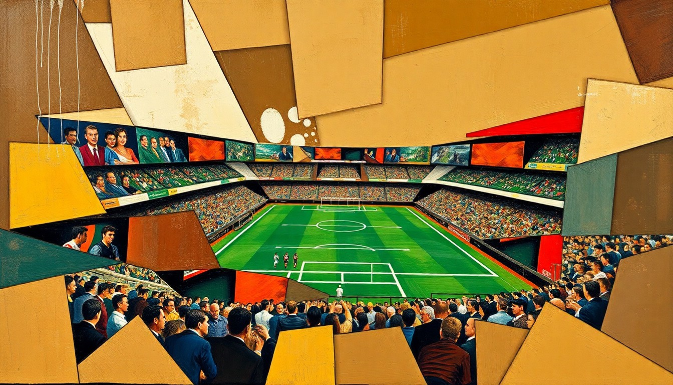 A fractured, geometric painting in earthy tones depicting the chaotic action of a football game, conveying the transformative impact of Roosevelt's reforms on the sport.
