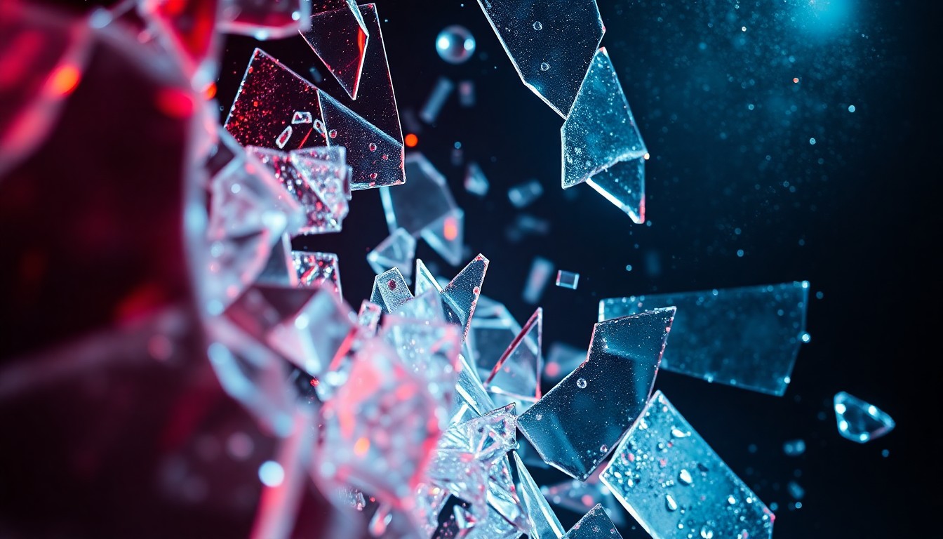 An extreme close-up photograph of shattered glass and glittering shards, capturing the fractured nature of a celebrity's personal life affected by addiction in a high-contrast, glamorous aesthetic.