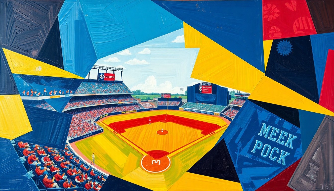 A fragmented, geometric painting in bold colors representing the dynamic energy and storied history of college baseball, conceptually honoring the coaching career of Skip Bertman.