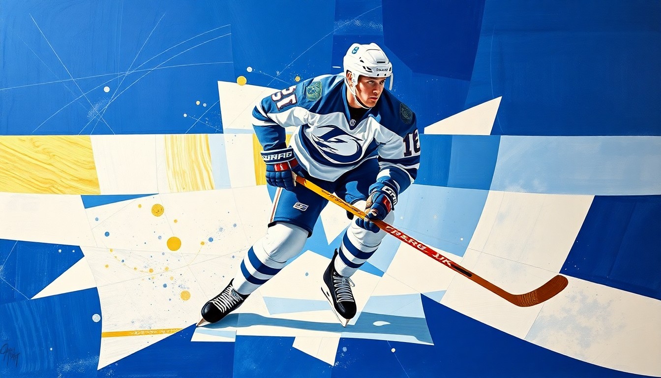 A cubist, geometric painting depicting a hockey player in mid-action, their form broken down into sharp, overlapping planes of blue, white, and gold, conveying the dynamic energy and uncertainty of the Sabres' playoff push with Tuch.