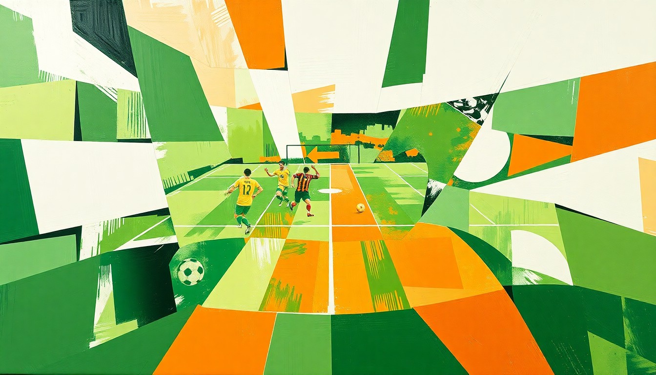A dynamic, geometric painting in shades of green, white, and orange, capturing the intensity and movement of a soccer match through Cubist-inspired fragmentation and overlapping shapes.
