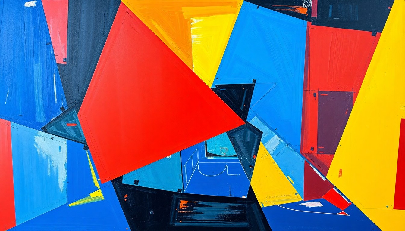 A cubist, geometric painting depicting fragmented, overlapping shapes and planes of bright blue, red, and yellow, representing the dynamic action and competition of a basketball game or match.