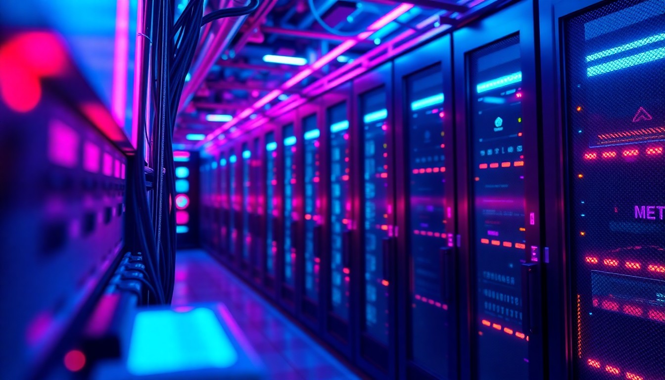 A highly detailed, 3D illustration of glowing, illuminated data center hardware and infrastructure, representing the technological foundation of Meta's operations.