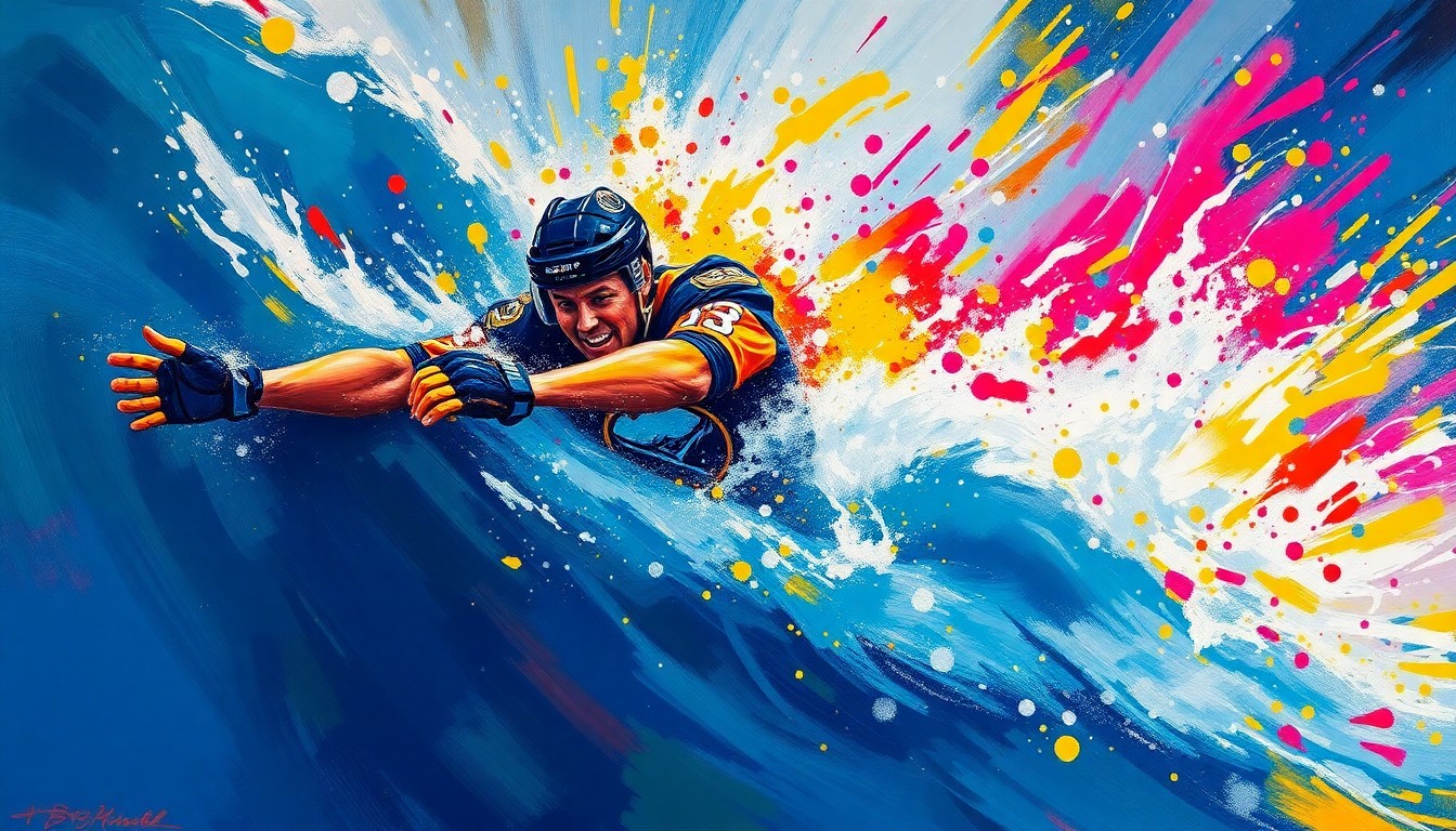 An abstract, expressionist painting in vibrant neon colors depicting the dynamic motion of a person plunging into a body of water, with the Buffalo Sabres' logo and colors dissolving into energetic brushstrokes, capturing the raw emotion and excitement of the team's playoff return.