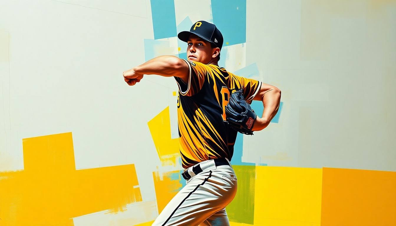 A fragmented, geometric painting depicting a baseball pitcher's motion, with sharp planes of the Pittsburgh Pirates' colors of black, gold, and red, capturing the raw energy and movement of the sport.