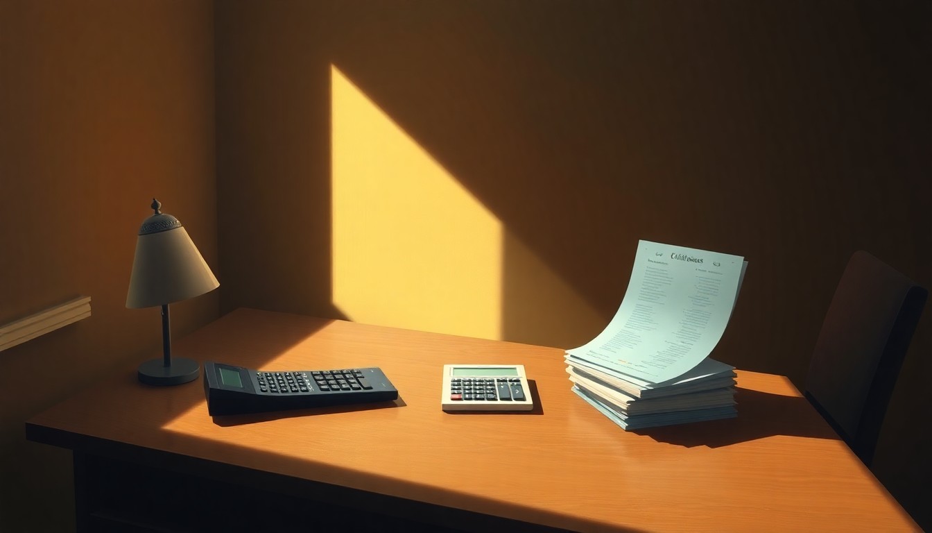 A photorealistic painting of a simple desk with a California state seal, a calculator, and financial documents, all bathed in warm, dramatic lighting, conveying the serious and impactful nature of the state controller's role.
