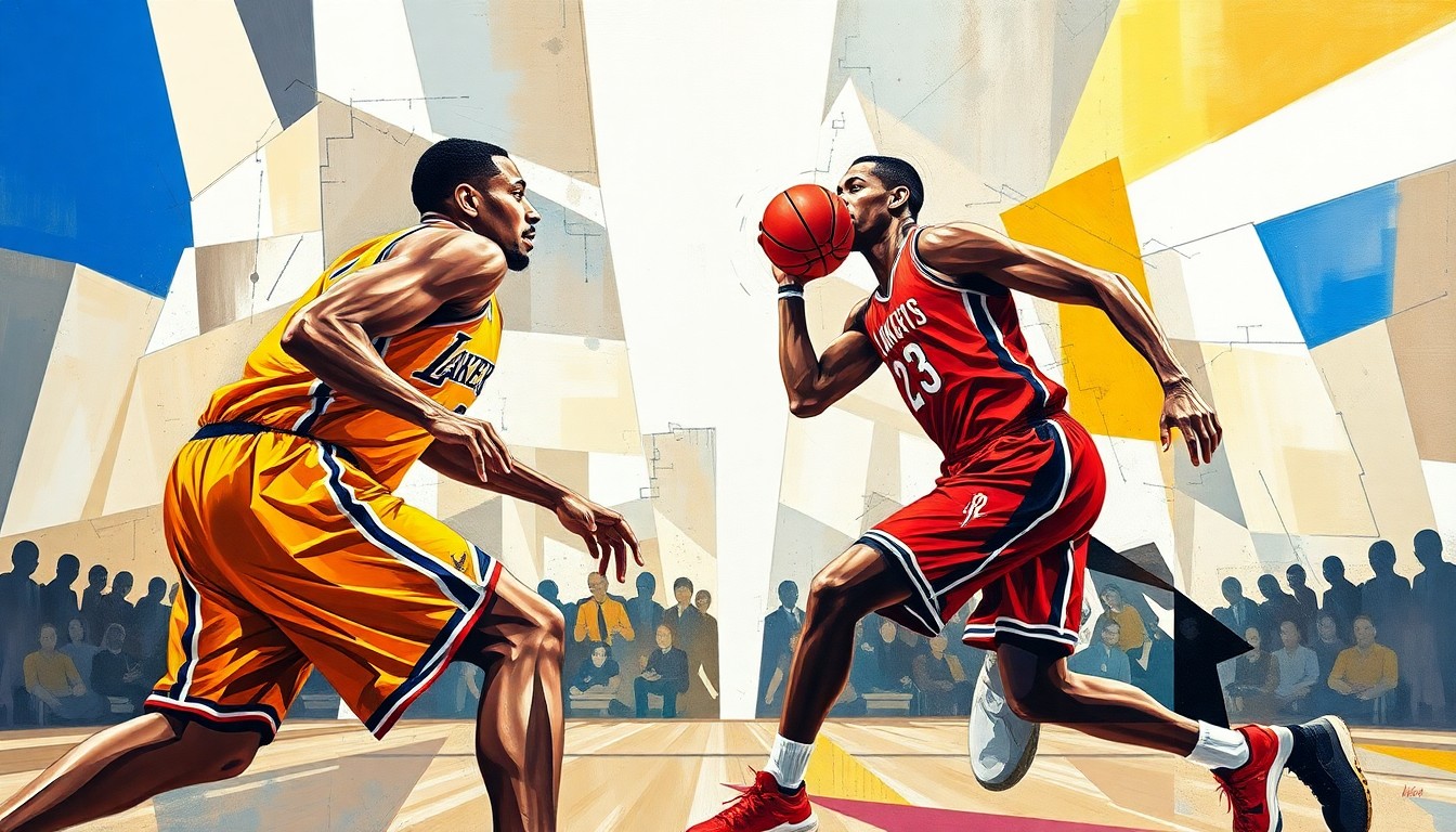 A fractured, cubist-style painting depicting the dynamic action of a basketball game, with the players' forms broken down into sharp, overlapping geometric shapes in a vibrant color palette, conveying the intensity of the playoff matchup between the Lakers and Rockets.