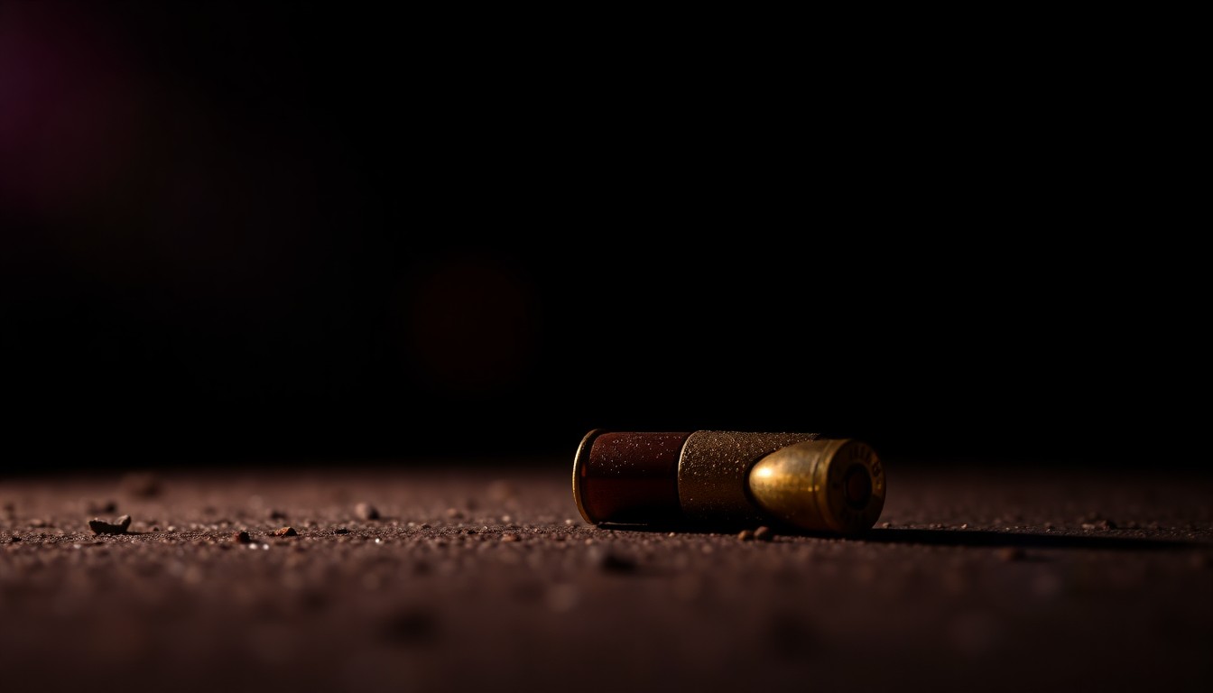 An extreme close-up of a single spent bullet casing on the ground, reflecting the harsh lighting and stark, gritty aesthetic of the Weegee photographic style, conceptually illustrating the aftermath of a shooting incident.