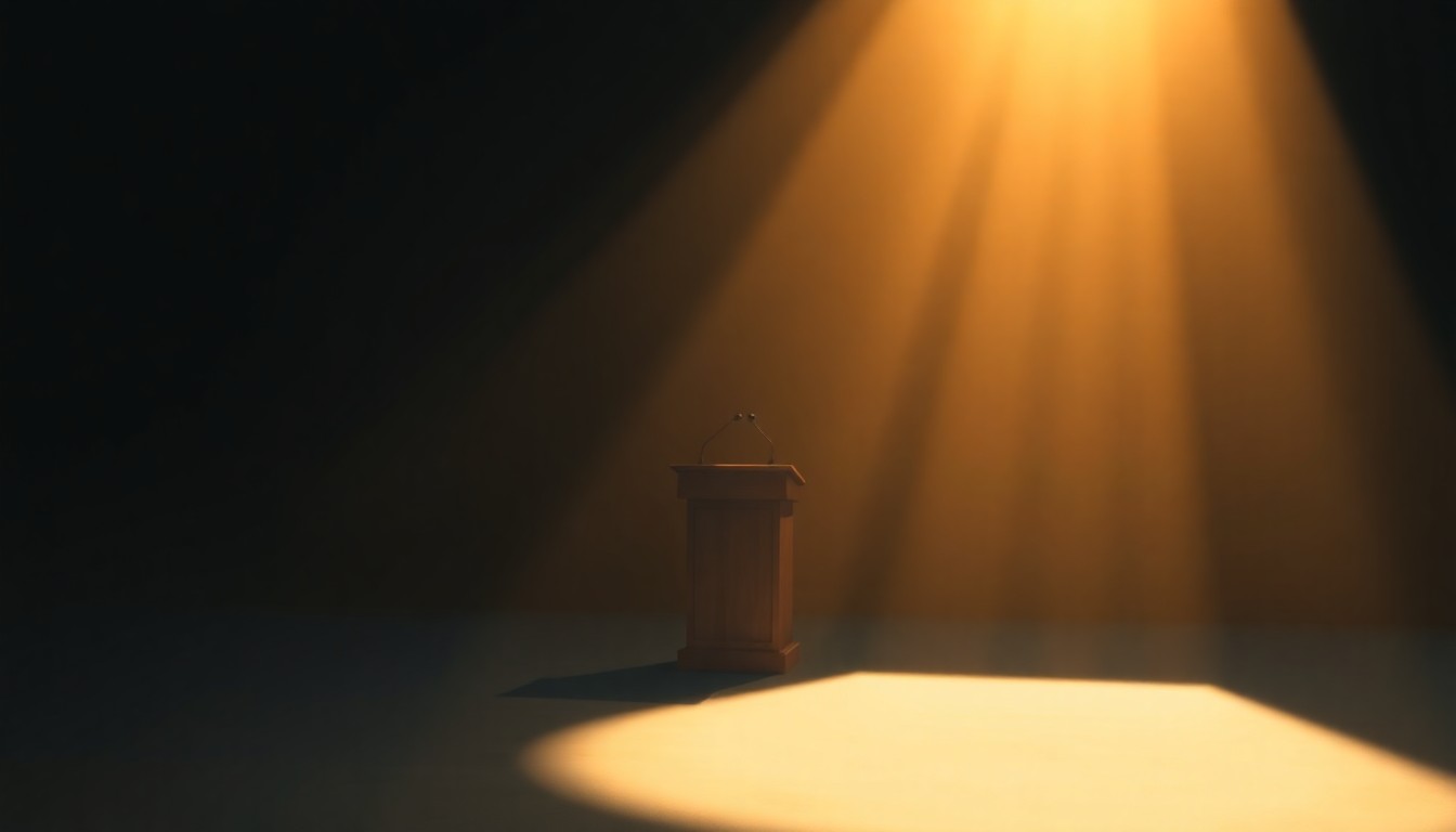 A dimly lit, cinematic painting of a solitary political podium or lectern, its edges softened by warm, diagonal sunlight and deep shadows, conveying a sense of quiet contemplation and the challenges facing a political candidate.
