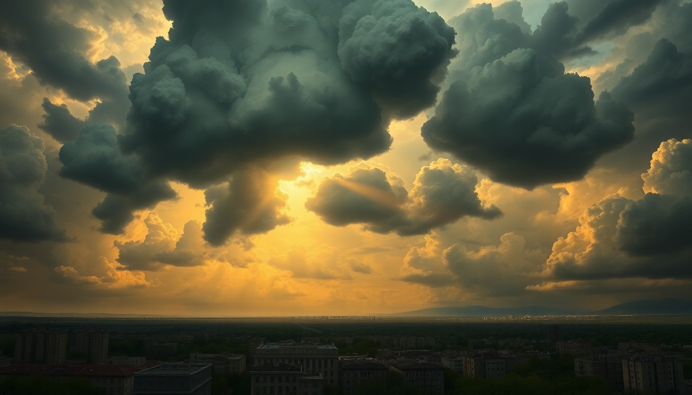 A dramatic landscape painting in the style of Caspar David Friedrich, with a stormy sky filled with heavy rain clouds and dramatic lighting casting shadows over a distant cityscape. The urban structures are dwarfed by the overwhelming scale of the natural elements, conveying the power and sublime beauty of an approaching weather system.