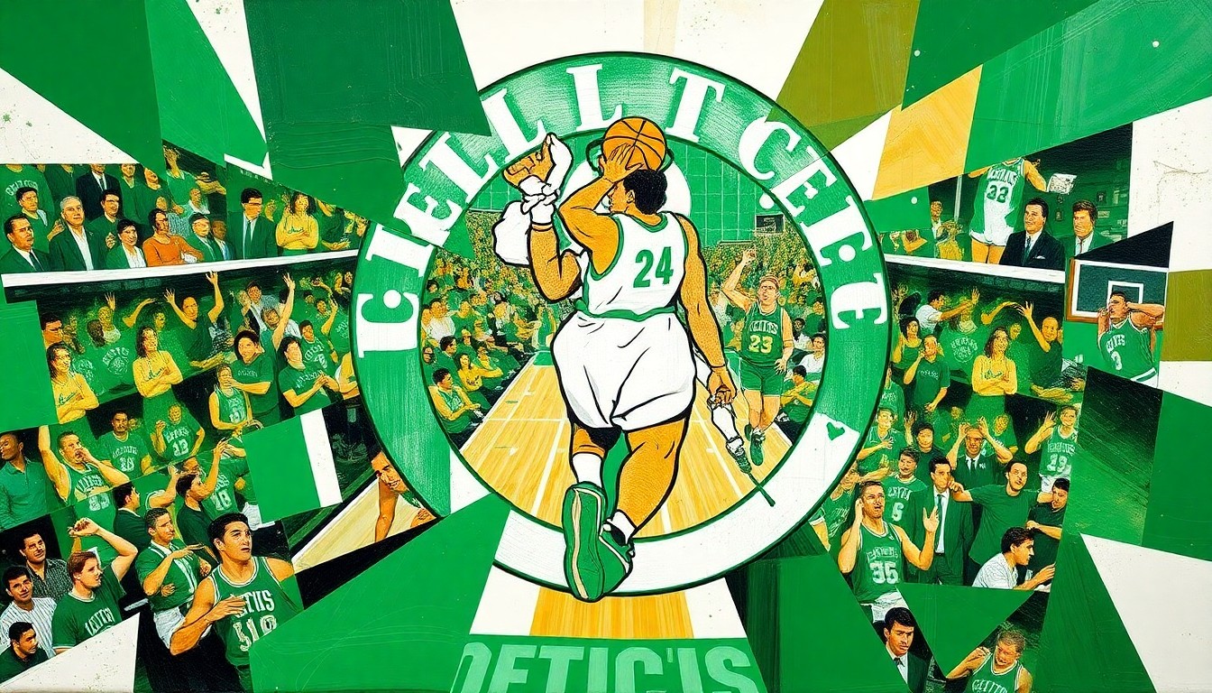 A fragmented, geometric painting in shades of green, white, and gold, representing the iconic Boston Celtics basketball team through an abstract, multi-angled visual style.