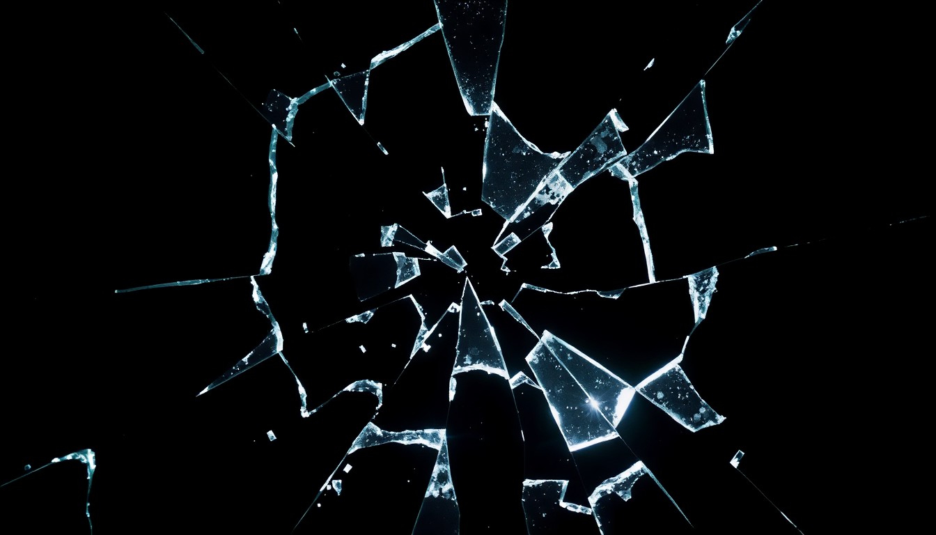 An extreme close-up photograph of a shattered glass window with jagged edges and a few stray glass shards, conceptually illustrating the damage caused by a recent shooting at a local business.