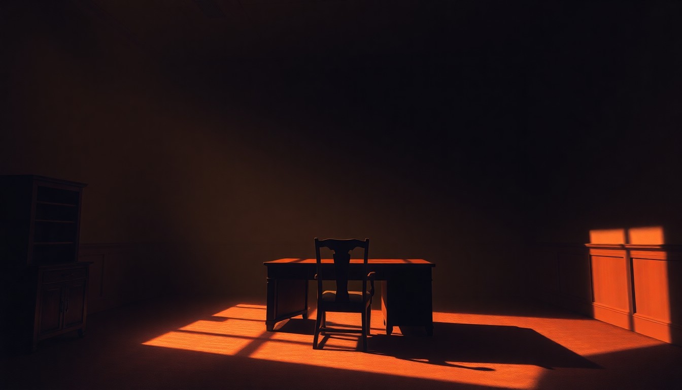 A cinematic painting of an empty congressional office, with a lone desk and chair bathed in warm, diagonal sunlight and deep shadows, conveying a sense of solitude and unease.