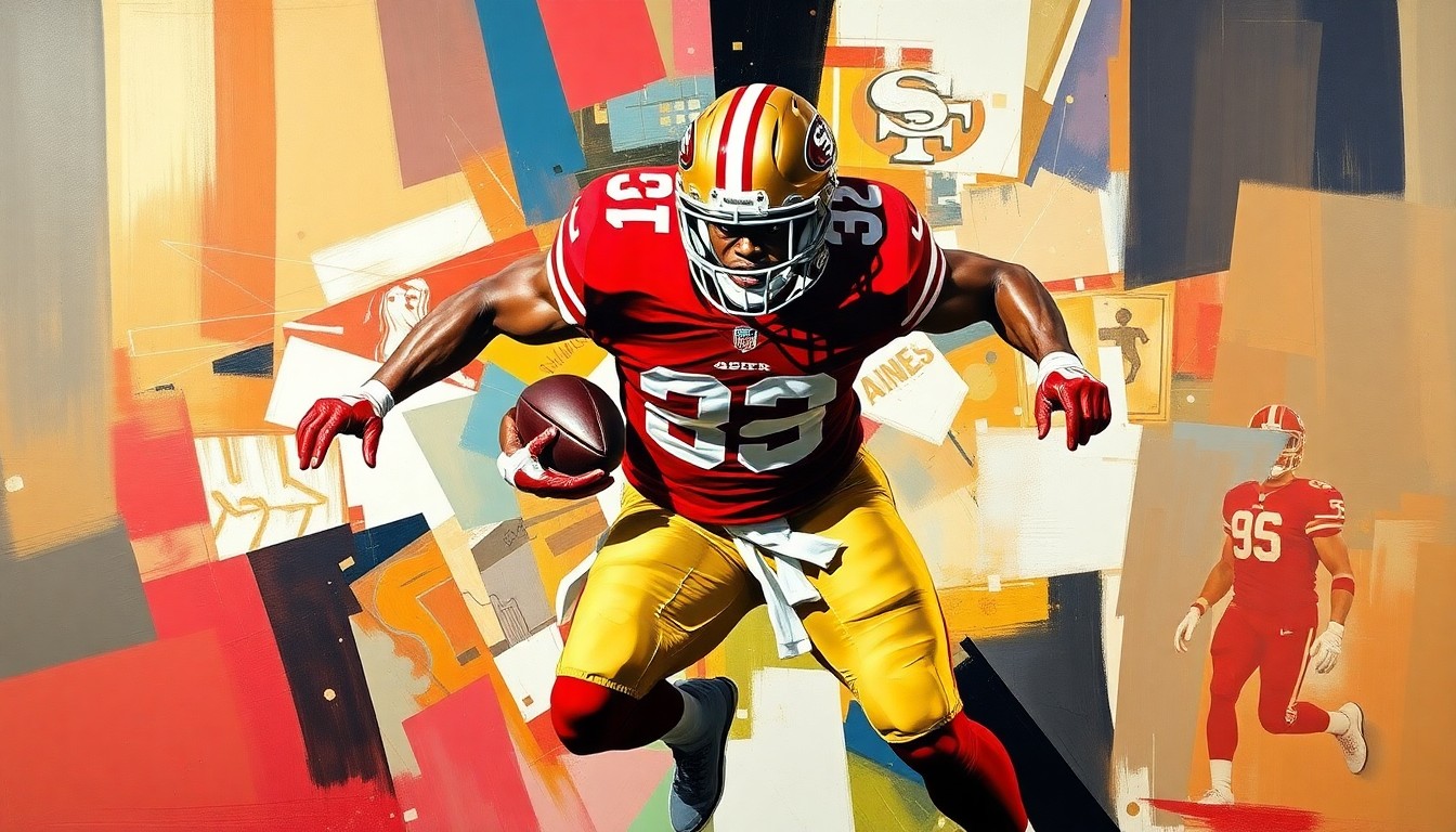 A fragmented, geometric painting depicting the dynamic movements of a 49ers edge rusher, with sharp planes of red, gold, and black capturing the raw energy of the pass rush.