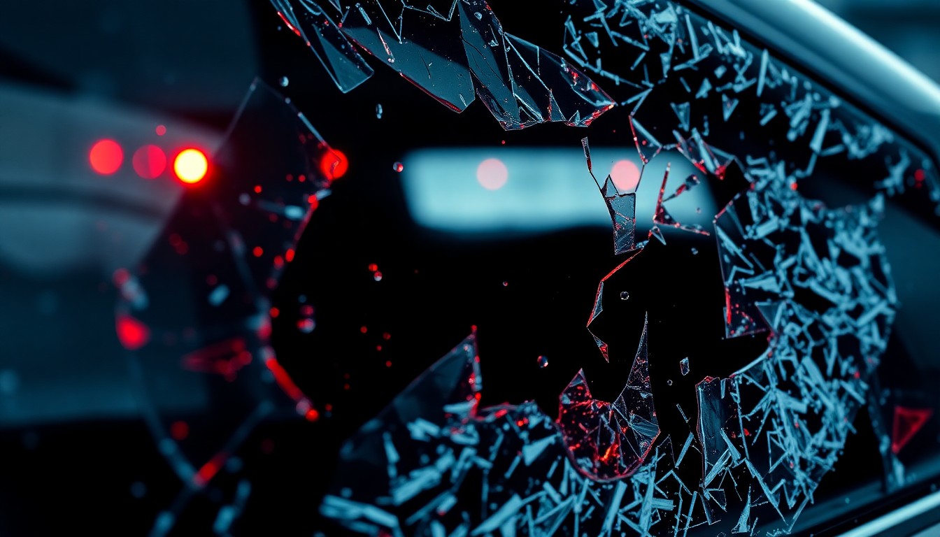 An extreme close-up photograph of a shattered car window frame, the glass reflecting a faint red light, conceptually illustrating the aftermath of a high-speed crash.