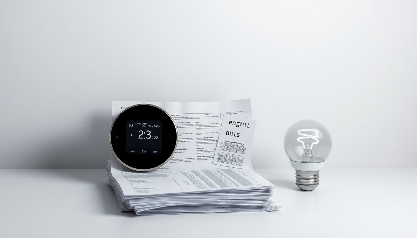 A photorealistic studio shot featuring a stack of utility bills, a modern digital thermostat, and an energy-efficient light bulb, all arranged elegantly on a clean, monochromatic background to symbolize the abstract concepts of household energy costs and sustainable home solutions.